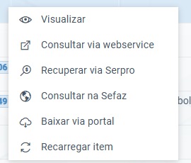Menu do botão direito na NF-e com a opção Baixar via portal