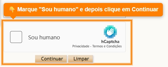 Janela do portal com o balão "Marque Sou humano e depois clique em Continuar"