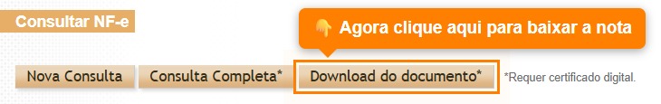 Janela do portal com o balão "Agora clique aqui para baixar a nota" sobre o botão Download do documento